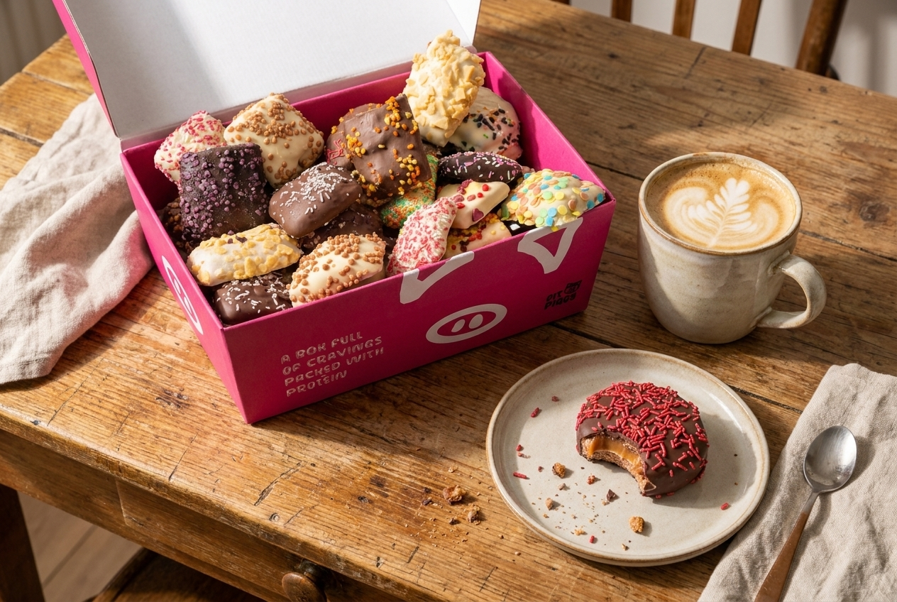 Geopende Fit Piggy proefbox op een houten keukentafel met koffie en een aangebroken traktatie