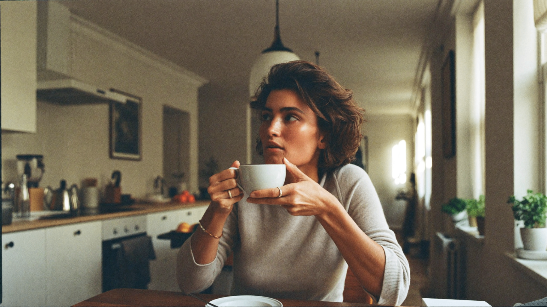 Vrouw begin 40 aan de keukentafel met koffie, peinzend uit het raam